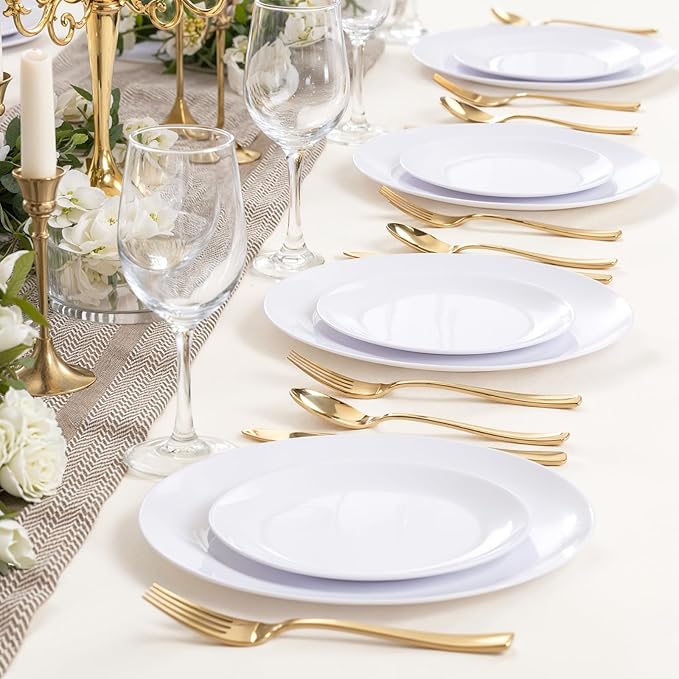 PULOTE 200 Pieces White Plastic Plates Disposable - Include 100PCS 10 inch Dinner & 100PCS 7 inch Dessert Plates, Ideal for Party & Wedding
