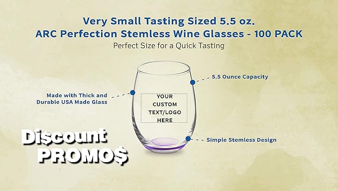 Custom Stemless Wine Glasses by ARC 5.5 oz. Set of 100, Personalized Bulk Pack - Perfect for Hotel, Bar, Restaurant or Lounge - Purple