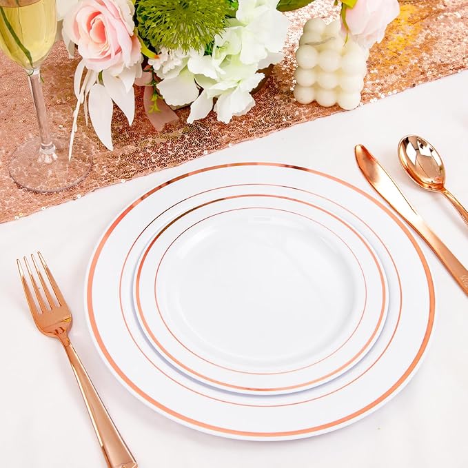 FLOWERCAT 60PCS Rose Gold Plastic Plates - Heavy Duty Rose Gold Plates Disposable for Party Wedding- Include 30PCS 10.25inch Dinner Plates and 30PCS 7.5inch Dessert Plates