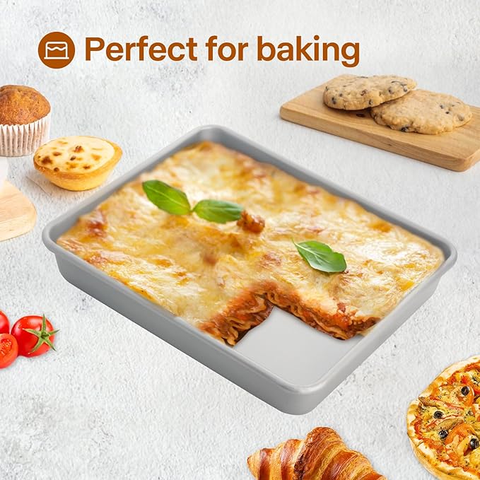 Deep Baking Pans Set of 3, Rectangle Cake Pan Nonstick, Heavy Duty Thick Bakeware Lasagna Pan for Toaster Oven, 9/11/13 Inch Tray for Brownie, Siliver