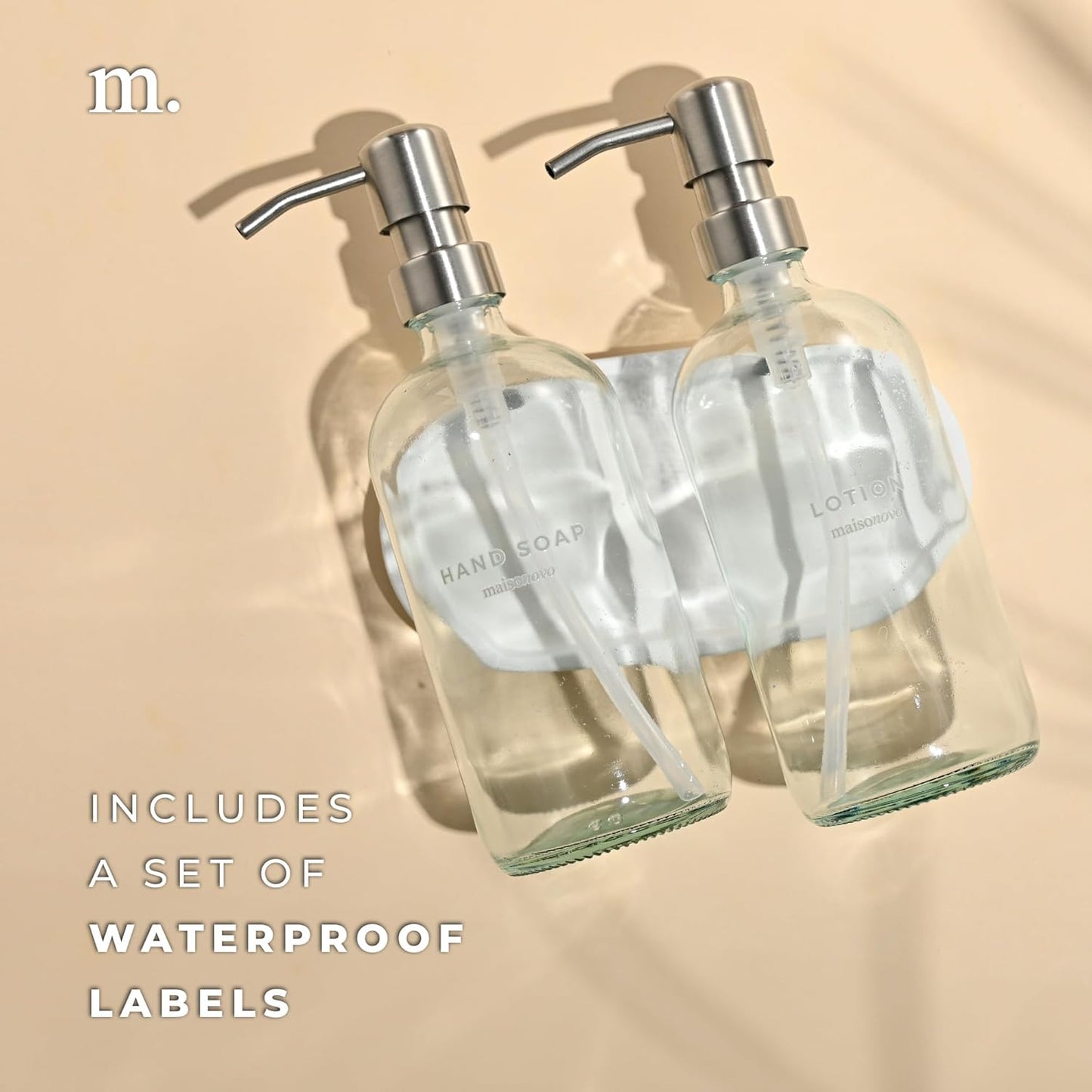 MaisoNovo Soap Dispenser 3-Piece Set | 16.9oz Clear Bottles with Silver Stainless Steel Pumps
