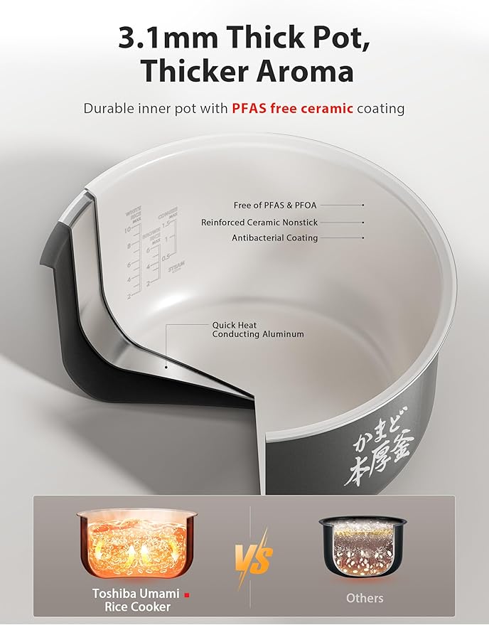 TOSHIBA Umami Smart Rice Cooker 10-Cup Uncooked, Fuzzy Logic, 15-in-1 Functions, Digital Display, Delay Timer, Keep Warm, Nonstick Inner Pot, White