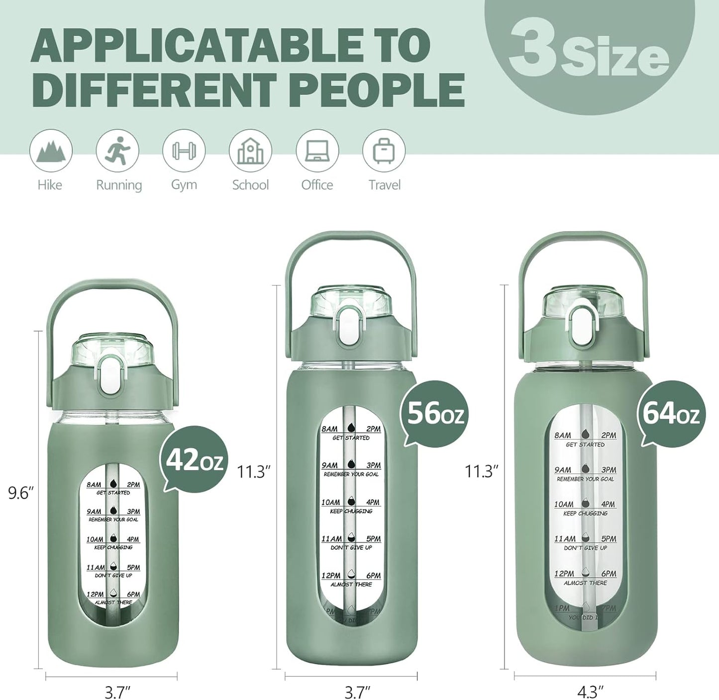 kytffu 64oz Glass Water Bottles with Straw, Half Gallon Motivational Glass Bottle with Silicone Sleeve and Time Marker, 2L Leakproof Large Glass Water Jug for Gym Home Office,olive