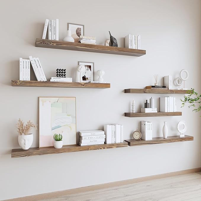 Rustic Floating Shelves 60 inch Long 8 "deep Set of 2, Heavy Duty Wood Wall Mounted Shelves for Bathroom Living Room Kitchen,Book Shelves with Thickened Hidden Bracket- Walnut