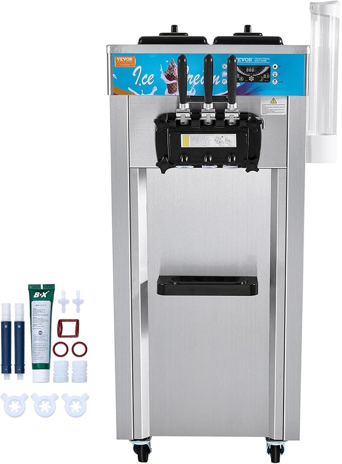 VEVOR Commercial Ice Cream Machine, 21-31 L/H Yield, 1800W 3-Flavor Freestanding Soft Serve Ice Cream Maker, 2 x 5.5L Stainless Steel Cylinder, LED Panel Auto Clean Pre-cooling, for Restaurant Bars