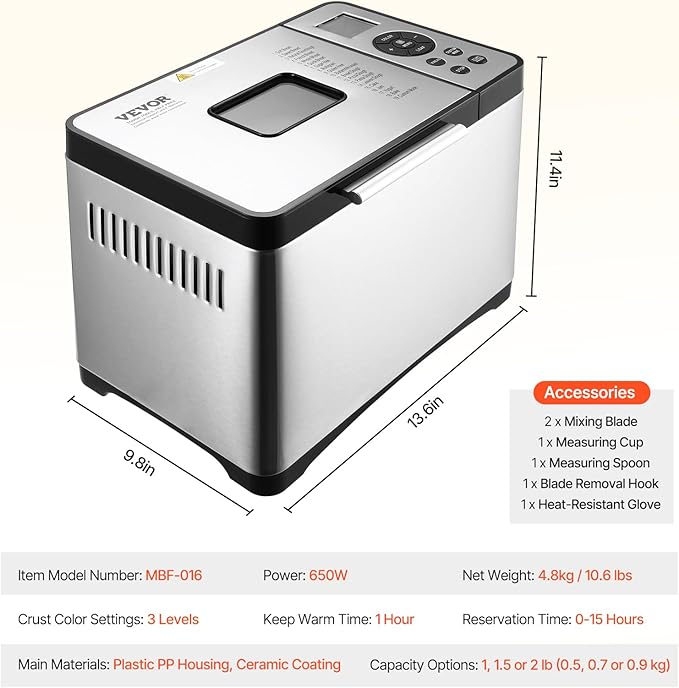 VEVOR Bread Maker, 19-in-1 2LB Dough Machine, Nonstick Ceramic Pan Automatic Breadmaker with Gluten Free Setting, Whole Wheat Bread Making, Digital, Programmable, 3 Loaf Sizes, 3 Crust Colors