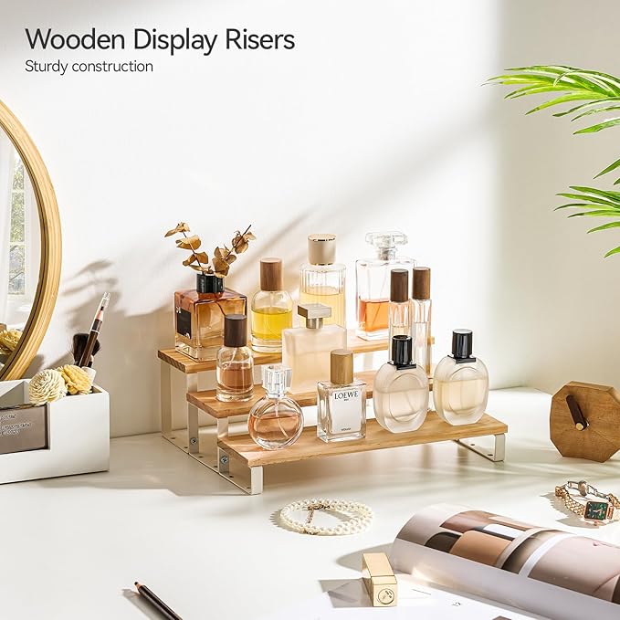 Spice Rack,Wooden Display Riser Stand, 3-Tier Perfume Stand and Cologne Organizer Stand, DIY Spice Rack Organizer, Display Shelf Metal Frame