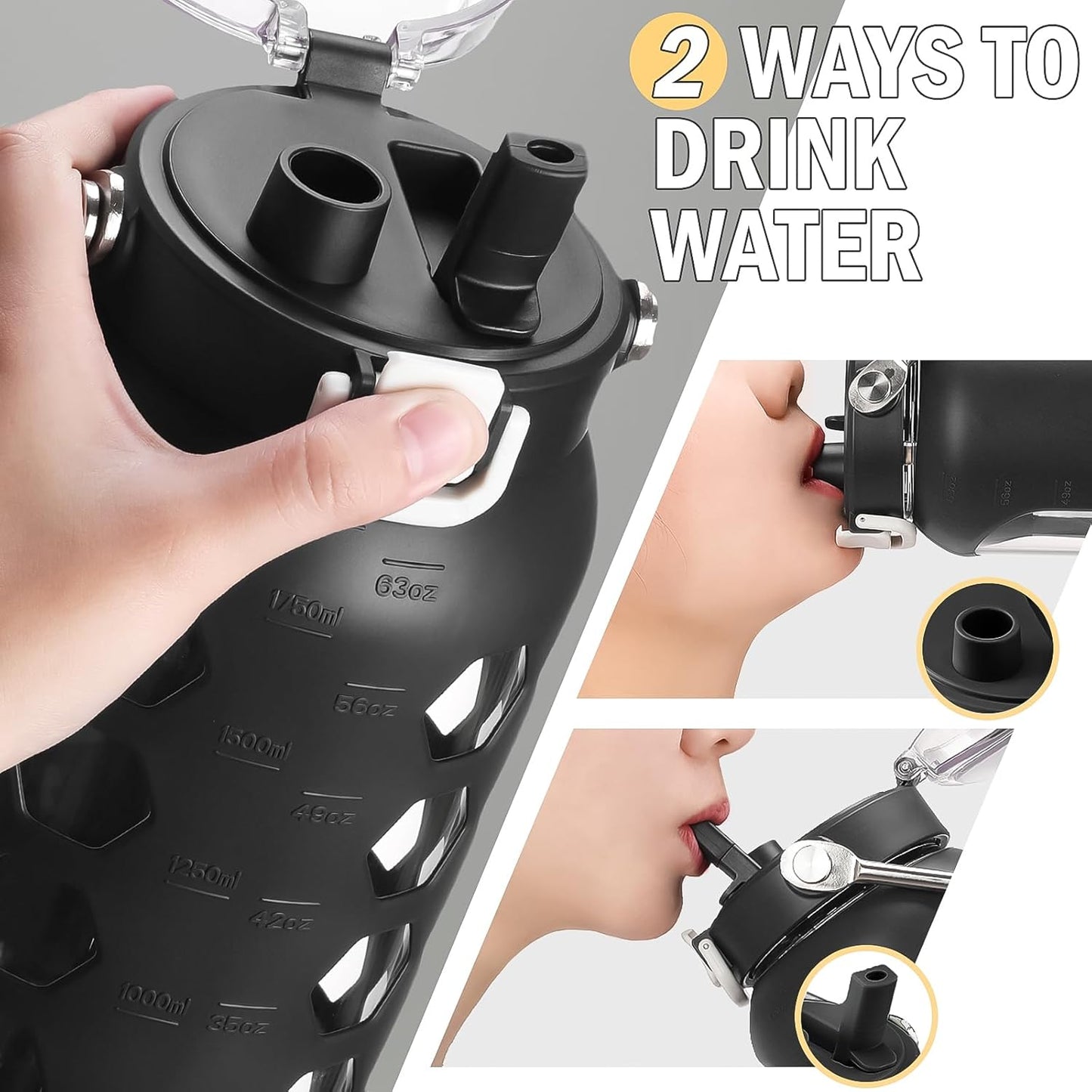 MUKOKO 64oz Glass Water Bottles with Straw and Lid,Half Gallon Water Bottle with Time Marker,Large Glass Water Jug with Silicone Sleeve and Stainless Steel Handle-Black