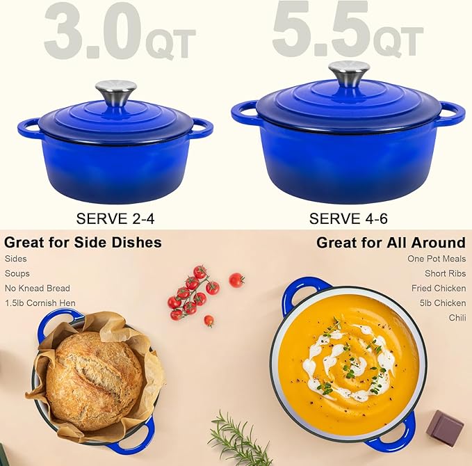 Romswi Enameled Cast Iron Dutch Oven Set - 3qt & 5.5qt Dual Combo - 7-Layer Professional Grade Dutch oven pot with lid - Oven Safe for Braising, Stews, Roasting, Bread Baking - Blue Bread Dutch Oven