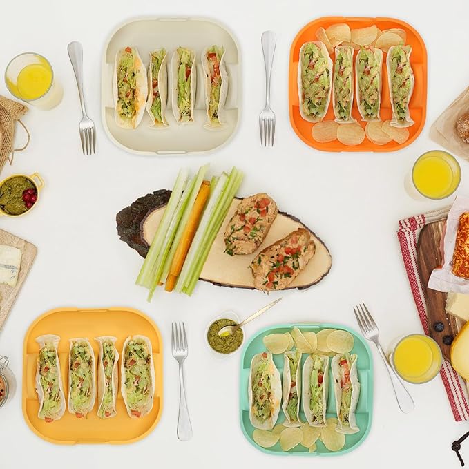 Silicone Taco Holder 2 Pack,10.2in Upgrade Reusable Taco Plates with Dividers,Fiesta Tacos Holder Tray.Taco Serving Plates, Dishwasher & Microwave Safe(2, ORANGE+YELLOW)