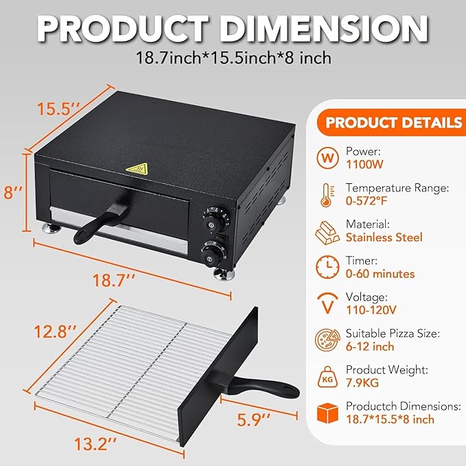 Commercial Electric Pizza Oven 12" 1100W Sealed Stainless Steel Countertop Pizza Maker with Timer for Restaurant, Pizzeria, Food Truck | Indoor Professional Baking Equipment