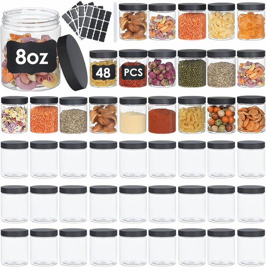 48pcs 8 oz Plastic Containers with Lids Labels Leak Proof BPA Free Airtight Refillable Clear Small Containers Storage Jars for Storing Dry Food Slime Honey Jam