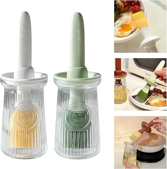 Oil Dispenser with Brush - Glass Olive Oil Dispenser for Kitchen, 3 IN 1 Oil Dispenser Bottle with Silicone Basting Brush for Cooking Vinegar Sauce BBQ Grill Frying (Green/White)