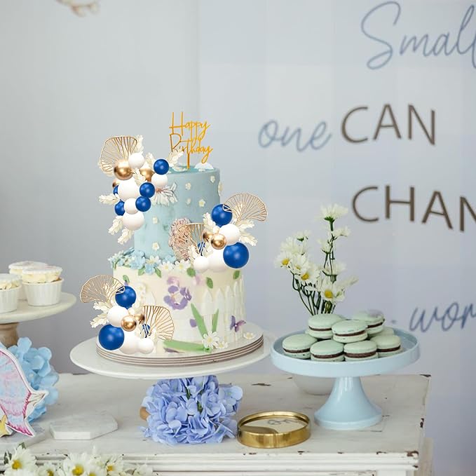 Gyufise 57Pcs Balls Cake Topper Boho Grass Cake topper Pearl Balls Acrylic Happy Birthday Cake Decorations for Wedding Baby Shower Birthday Boho Themed Party Supplies Royal Blue