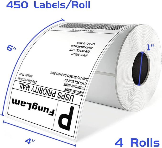 FungLam 4"x6" Thermal Mailing Labels - 450 Labels/Roll (4 Rolls), Compatible with JADENS, Munbyn, Rollo, iDPRT Printers