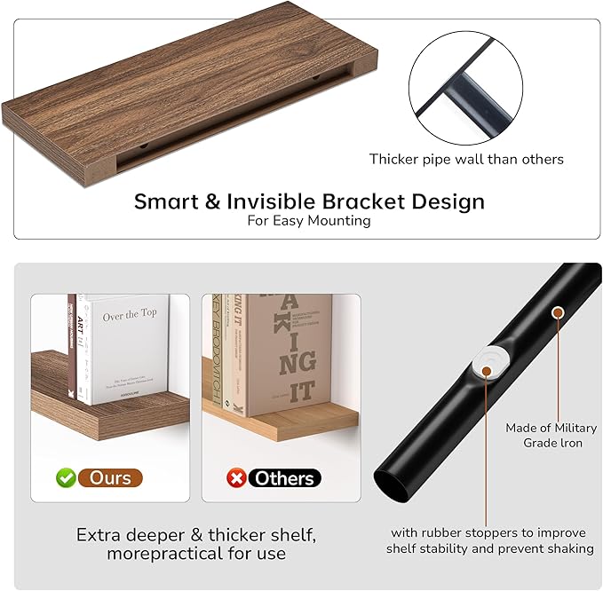 Fun Memories Floating Shelves - 24 Inch Rustic Wooden Wall Shelves - Extra Deeper & Thicker Wall Mounted Storage Shelf for Living Room, Kitchen, Farmhouse - 24"x 9"x 1.6" 2Pack, Walnut