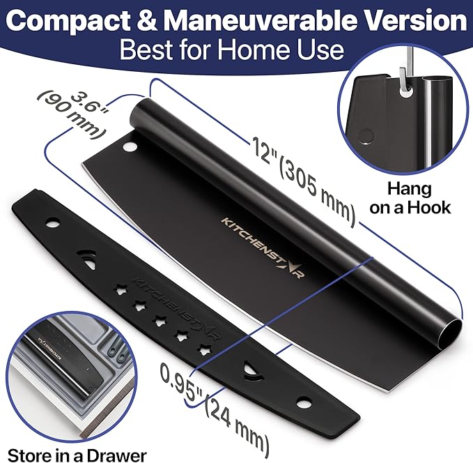 KitchenStar 12-Inch Pizza Cutter Rocker Blade - Sharp Stainless Steel Slicer Knife, Protective Cover, Black Nonstick, Small - Professional Pizza Oven Accessories