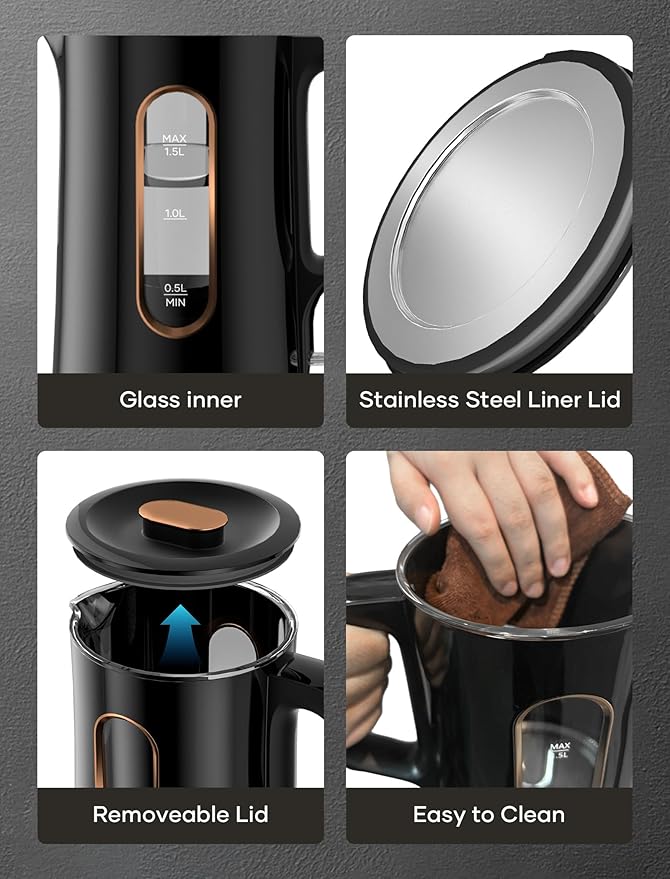 OFFACY Electric Kettle, Double Wall Glass Inner, Hot Water Boiler Heater Pot, 1.5-Liter, 1200 Watts for Fast Boiling, 53oz BPA Free, Glossy Black