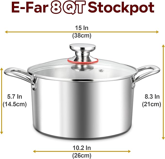 E-far 8 Quart Stock Pot with Lid, 18/10 Tri-ply Stainless Steel Stockpot for Induction Ceramic Gas Stoves, Heavy Duty Cooking Pot for Pasta Soup Stewing Simmering, Oven and Dishwasher Safe