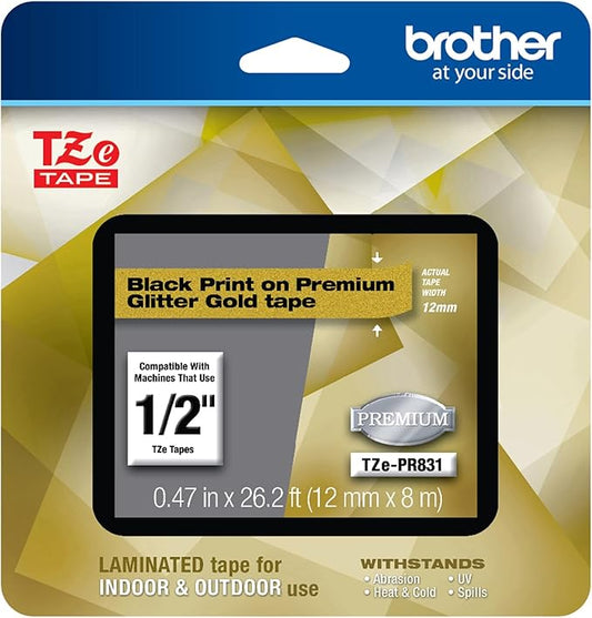 Brother P-touch TZe-PR831 Black Print on Premium Laminated Tape 12mm (0.47”) wide x 8m (26.2’) long, Glitter Gold, TZEPR831