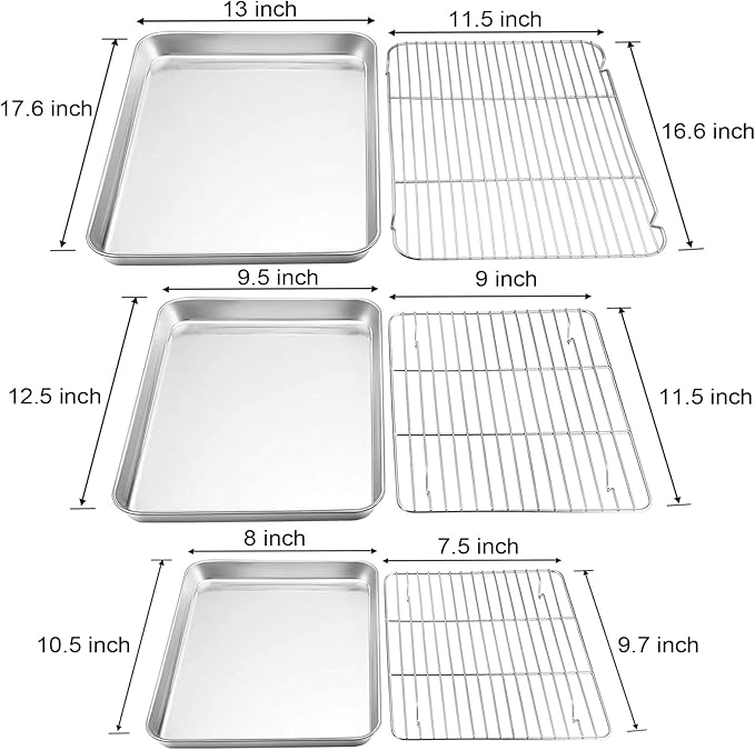 TeamFar Baking Sheet with Cooling Rack Set (3 Pans + 3 Racks), Stainless Steel Cookie Sheet Cooking/Baking, Healthy & Dishwasher Safe, Sturdy & Long Lasting