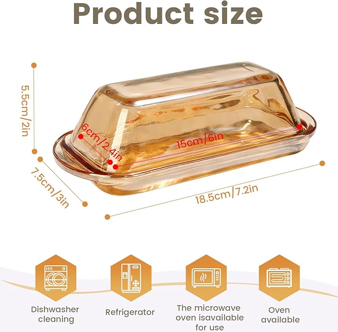 Glass Butter Dish Butter Keeper and Butter Holder for Fridge,Butter Dish with Lid for Countertop,Vintage Container for Counter,Butter Tray on Counter (Amber-7)