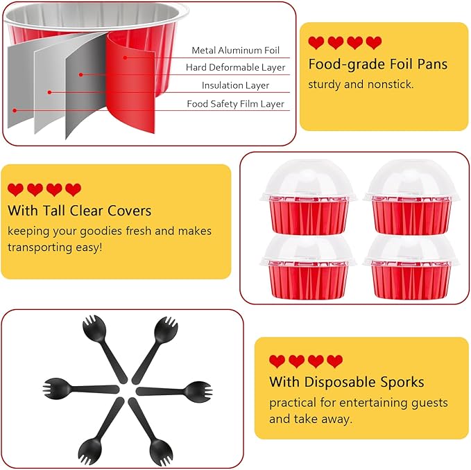 5oz Cupcake Pans Muffin Tins 100 Pack,LNYZQUS Aluminum Foil Mini Cake Baking Cups with Dome Lids,Disposable Ramekins Cupcake Liners,Small Cake Mini Pie Baking Pan for Christmas -Red