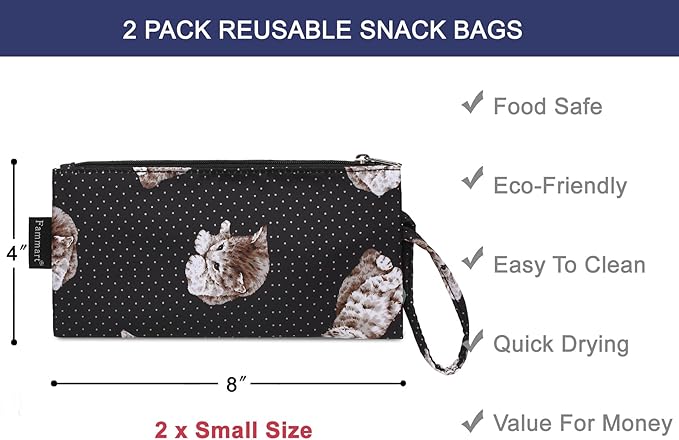 Reusable Sandwich Bag/Snack Bag for Kids & Adults, Dual Layer Lunch Bag with Handle, Washable, Food Safe, BPA Free (2-Pack, Dot&Cat)
