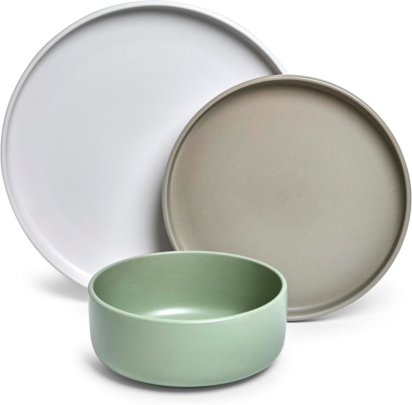 Sango Rollo Alta 12-Piece Modern Stoneware Dinnerware Set- Sage/Sand/White, Includes Dinner & Salad Plates, Cereal Bowls, Microwave & Dishwasher Safe, Highly Chip and Crack Resistant, Service for 4