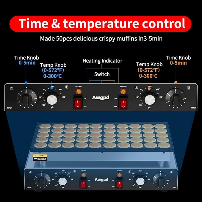 110V Mini Dutch Pancake Baker, 50PCS 1700W Commercial Electric Nonstick Waffle Maker Machine, 2 Timers Separate Control& 1.8 Inches Pancake Maker with 2 Thermostats, for Home and Restaurants