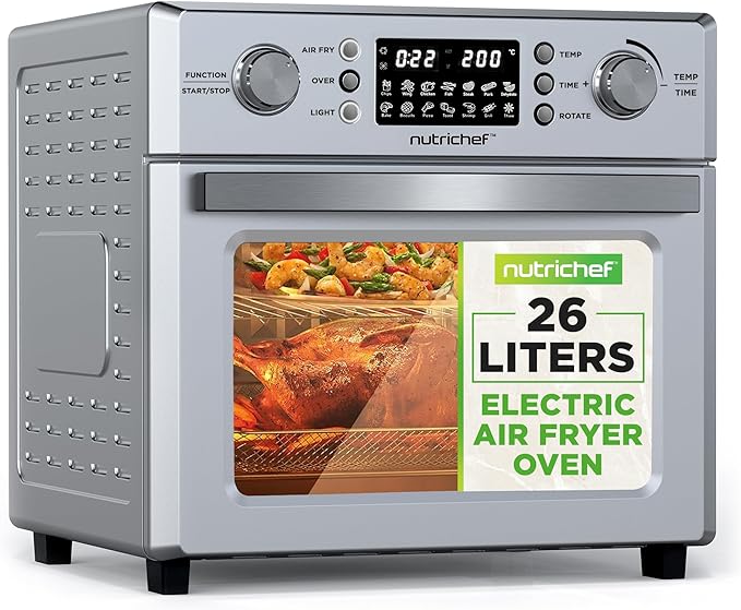 NutriChef 26L Electric Air Fryer Oven | 1700W Countertop Rotisserie & Air Fryer | 360° Rotating Feature | 10 Digital Menu Presets | Includes Drip Tray, Air Frying Basket & Bake Rack 15x16x14 (Silver)