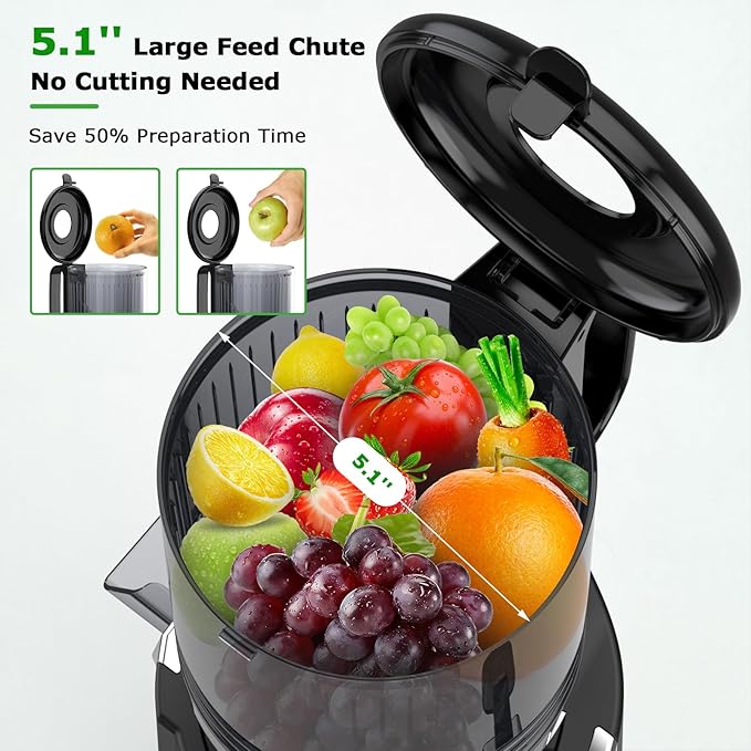 OMMO Cold Press Juicer Machines: 5.1" Wide Chute for Whole Fruits & Veggies, BPA Free Slow Juicer Easy Clean, Beep Alert, Slow Masticating Juicers for Moms/Families/Fitness/Juice Life/Healthy Living