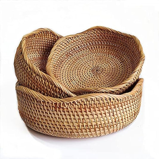 YANGQIHOME Rattan Bread Basket, Round Fruit Baskets, Wicker Storage Bowls, Natural Woven Serving Basket Bowls, Decorative Baskets for Kitchen Counter Organizing, Set of 3