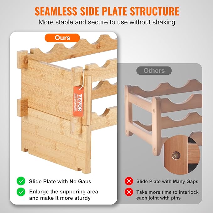 VEVOR 18 Bottle Stackable Modular Wine Rack, 2-Tier Solid Bamboo Wood Storage Racks, Floor Freestanding Wines Holder Display Shelf, Wobble-Free Shelves for Kitchen, Bar, and Cellar (Natural Color)