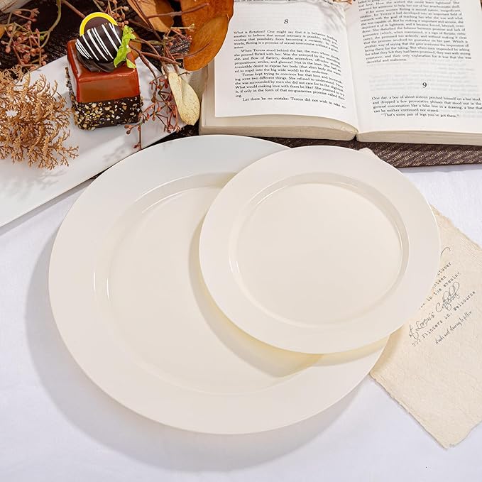 I00000 102 Pcs Ivory Plastic Plates, Disposable Party Plates Include 51 Ivory Dinner Plate 10’’ and 51 Plastic Dessert Plate 7’’ Perfect for Birthday, Party & Wedding