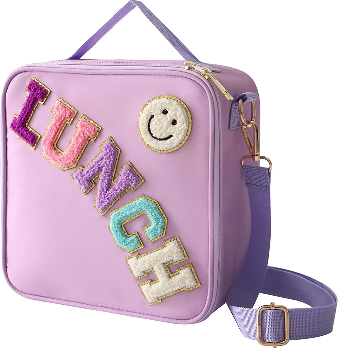 Insulated Lunch Bag With Adjustable Shoulder Strap, Nylon Preppy Lunch Box Large Insulated Lunch Bag Reusable Lunch Tote Bag with Smiley Preppy LunchBag for Girls School Travel Picnic (Purple)