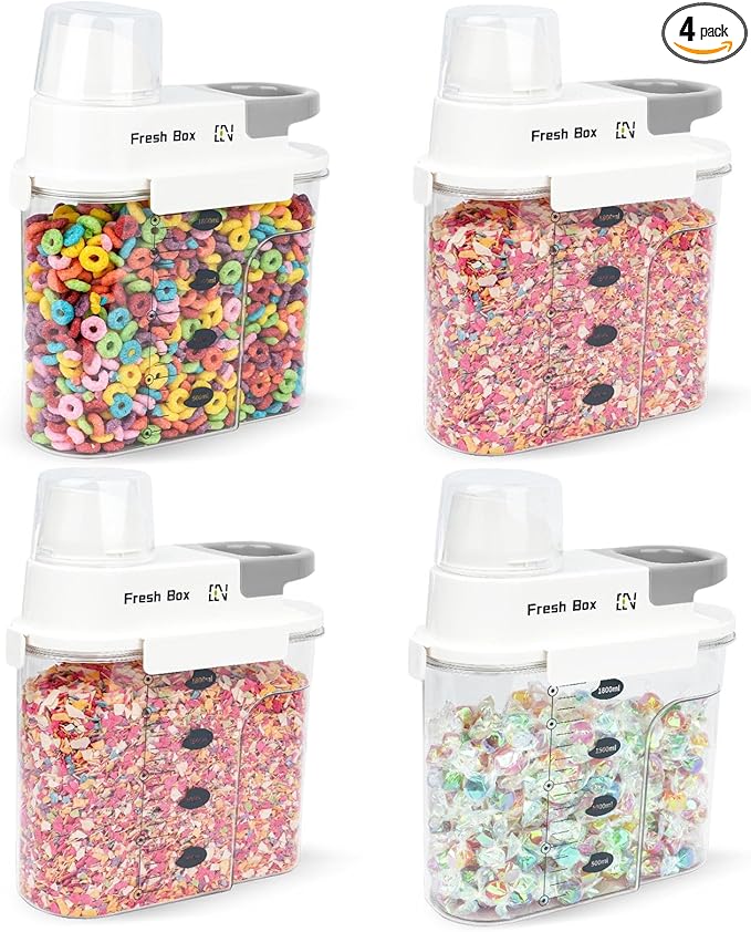 Cereal Storage Container 4Pack,61oz/1.8L Airtight Food Storage Containers With Lids,Organizers Storage With Measuring Cup for Beans,Sugar,Rice,Nuts,Snacks,Pet Food,Candy