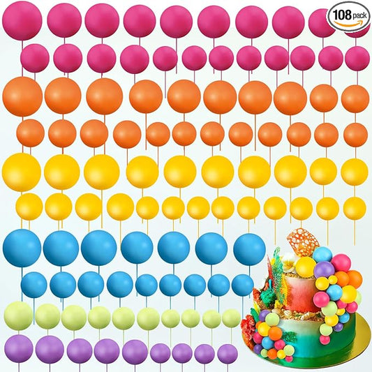 108 Pcs Balls Cake Topper DIY Cupcake Insert Foam Balloons for Cake Baking Wedding Anniversary Birthday Decoration(Sweet Colors,Multi Sizes)