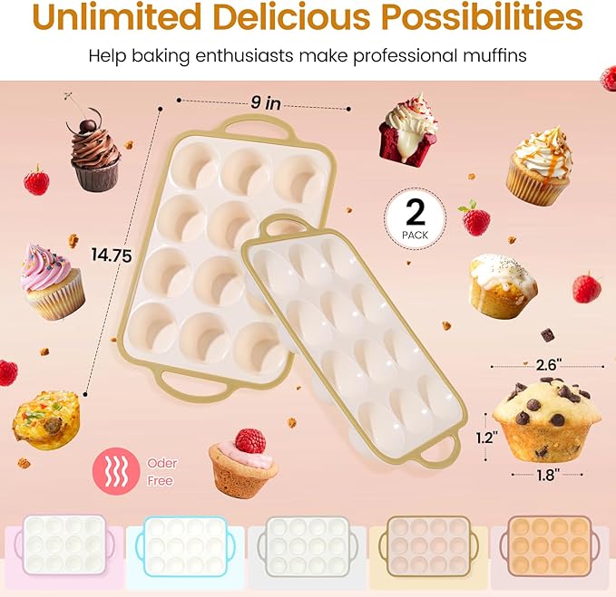Silicone Muffin Pans for Baking 2 Pack, 2.6 Inch with Metal Reinforced Frame, Regular Size Nonstick Cupcake Pan 12 Cups for Baking Homemade Muffins, Dishwasher Safe BPA Free-Light Yellow