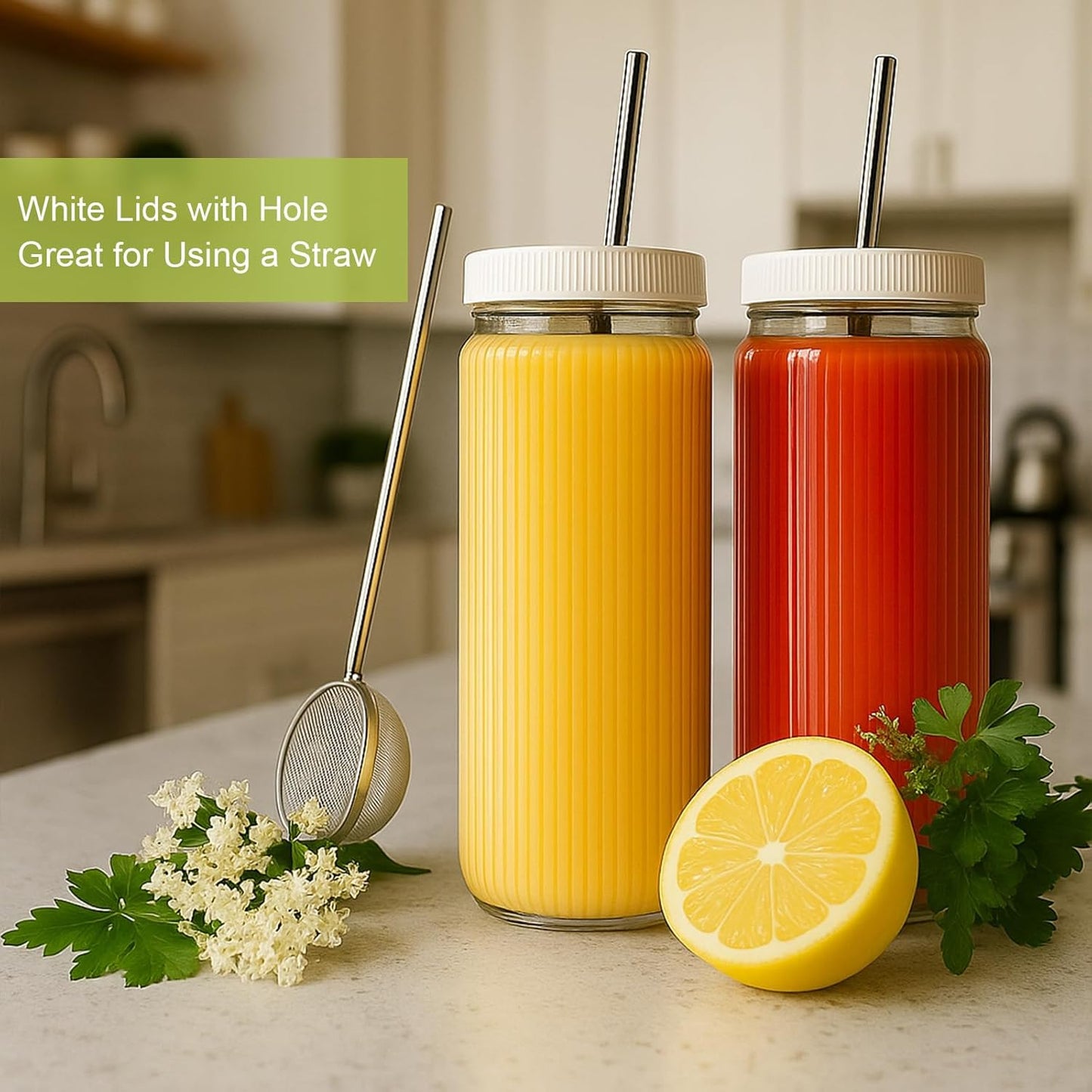 Ruckae 16oz 10 Pack Juice Bottles, Stripe Glass Bottles Juicing with Lids, Smoothie Cup Lids and Straws, Water Bottle Mason Jar Drinking Glasses for Juicing, Smoothies, Kombucha