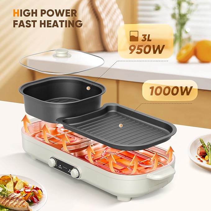 Electric Hot Pot with Grill, 2 In 1 Indoor Non-Stick Barbecue Shabu Hot Pot with Dual Temperature Control, Detachable Hotpot and Baking Tray, Smokeless Shabu Korean BBQ Grill