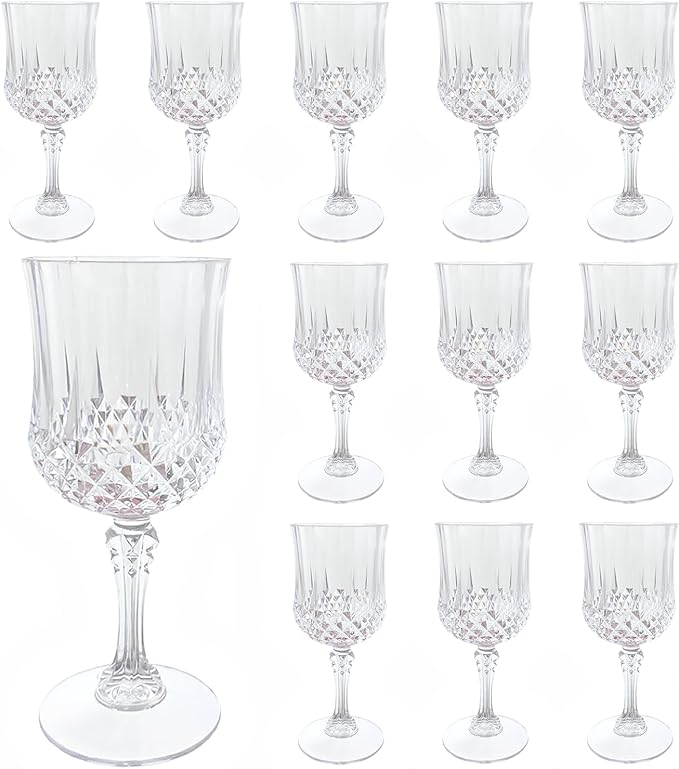 Plastic Wine Glasses，Plastic Goblets Vintage Style Cordial Drinking Glasses for Wedding Reception, Grand Event Party Supplies (12, transparent)