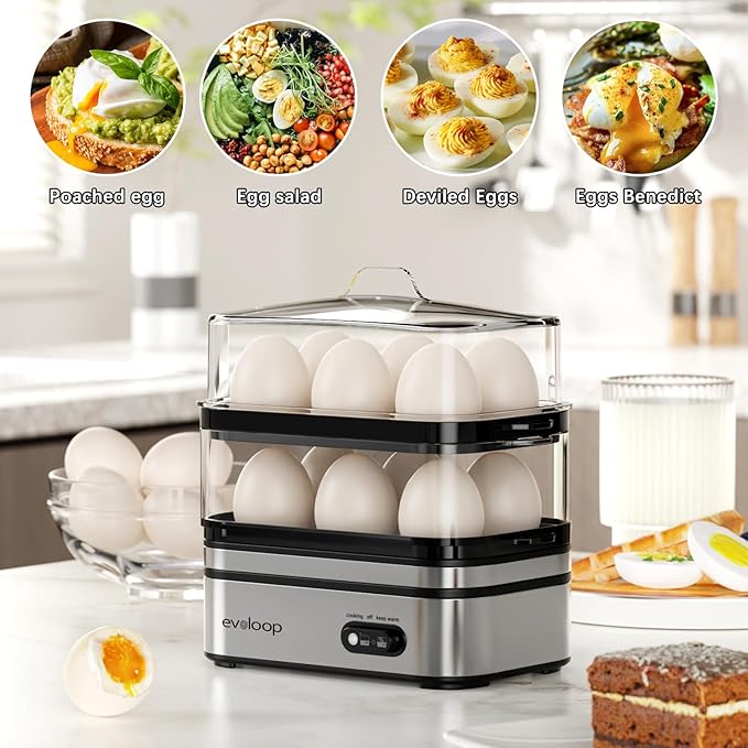 Rapid Egg Cooker Electric 12 Eggs Capacity, Soft, Medium, Hard Boiled, Poached, Omelet Maker Egg Poacher & Vegetable Steamer, BPA Free Tray
