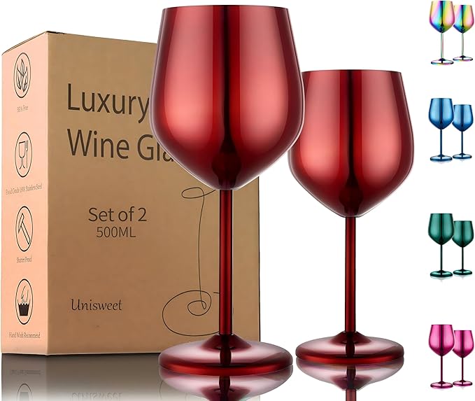 Stainless Steel Wine Glasses Set of 2, 18 oz Unbreakable Red Wine Glass Unique Metal Wine Goblets for Outdoor Capming and Pool Gift for Wine Lovers