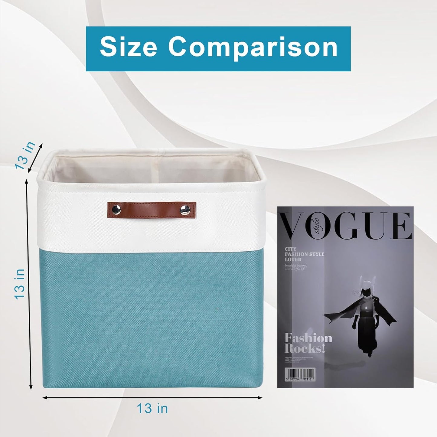 13x13 Cube Storage Bins, Collapsible Fabric Storage Box, 4 Pack Closet Baskets with Handles for Organizing, Shelf, Toys, Clothes, Home, Office, Nursery (Teal&White)