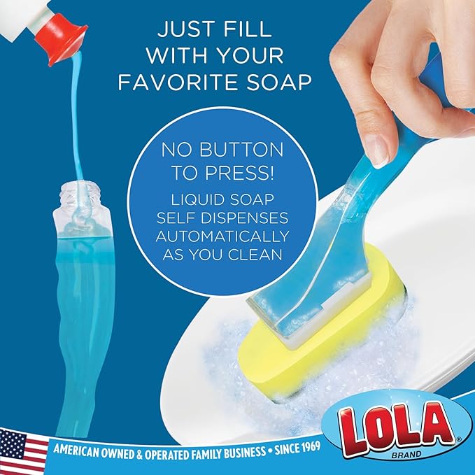 Lola Products Soap Dispenser Dish Brush Wand, Absorbent Sponge Scrubber, No Leaking. Clean Dishes, Sinks and Cookware, 1 Brush w/Head