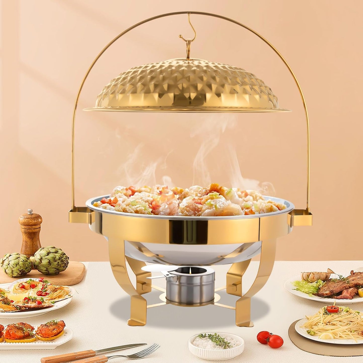 Chafing Dish Buffet Set, Stainless Steel Hanging Lid Dining Stove, Roll Top Chafing Dish Buffet Diamond-Shaped Lid and Round Stand for Buffet Restaurants and Banquets (Gold, 8L/8.5QT)