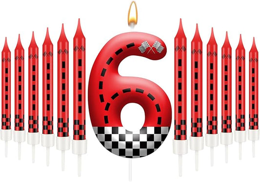 13PCS Racing Car Theme Birthday Candle Set with Checkered Flag Design - Durable Cake Topper for Race Car Party Decorations, Kids Birthday Supplies - Number 6 Candle for Racing-Themed Celebrations
