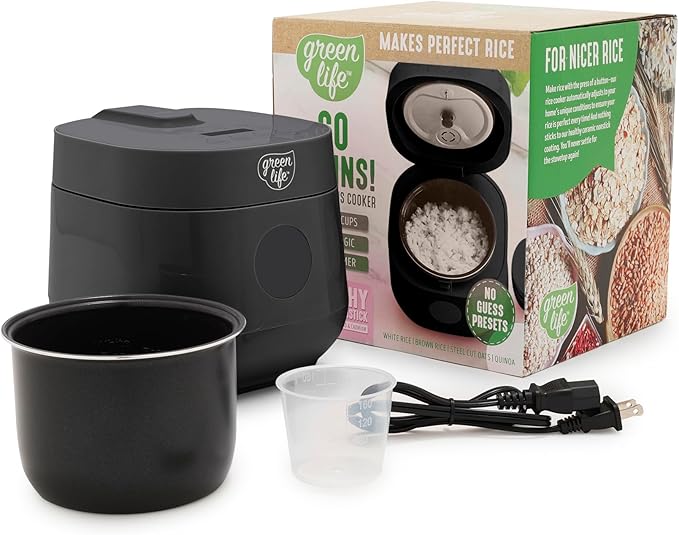 GreenLife Digital Rice Cooker, 2-Cups Uncooked/4-Cups Cooked, Removable Nonstick Ceramic PFAS-Free Pot, One-Touch Presets, Oats, Quinoa, Brown Rice, Auto Keep Warm, Fuzzy Logic Tech, 1.5 QT, Black
