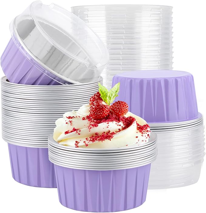 EUSOAR Cupcake Liners, 30pcs 5oz Mini Cake Pans Aluminum Foil Baking Cups with Lids, Cheesecake Muffin Cups, Disposable Dessert Containers Tin for Flan Creme Brulee Souffle Custard Pudding